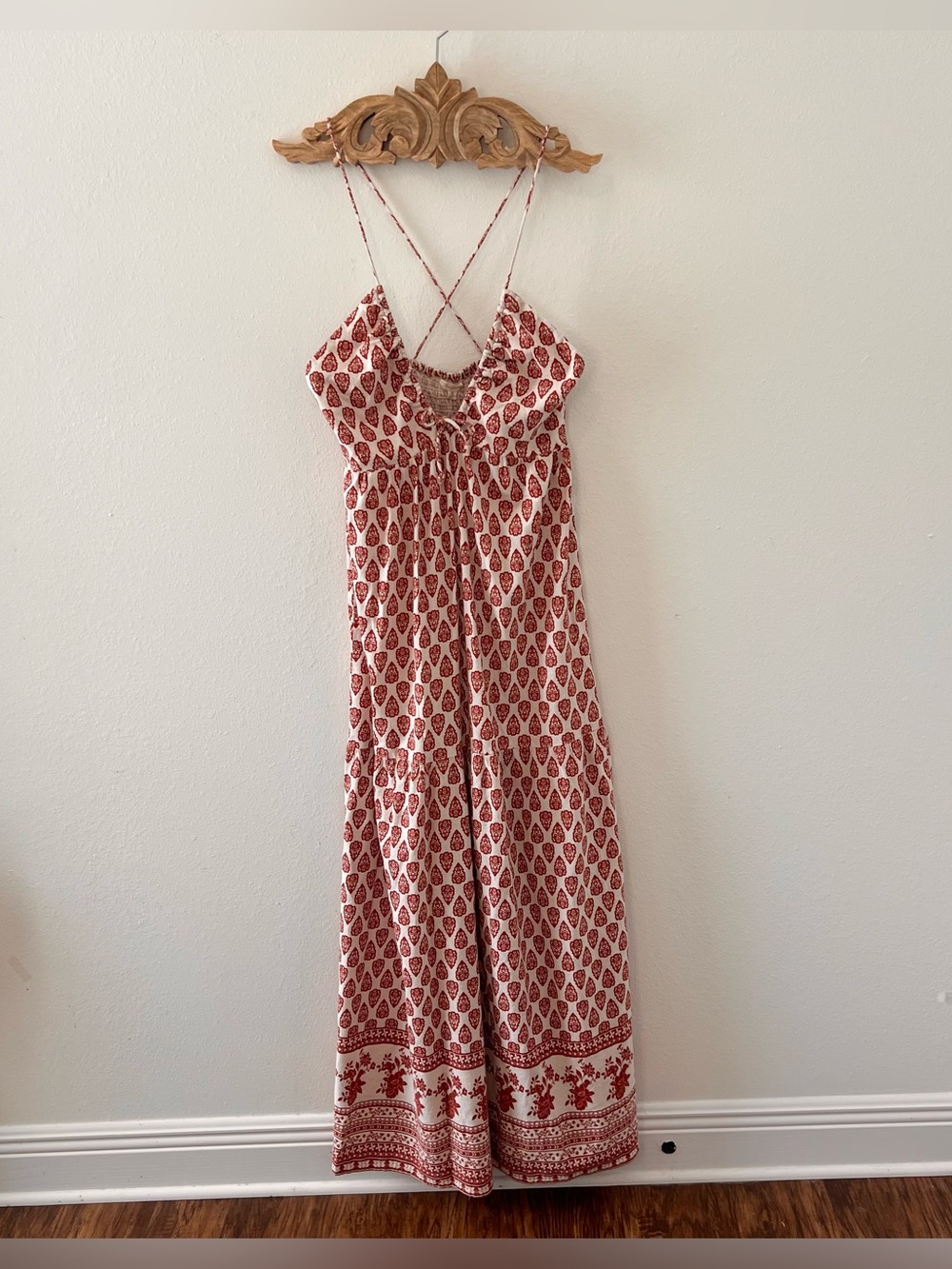 Sim & Sam Boho Maxi Dress Red Ivory Paisley Print Smocked Back Criss Cross M